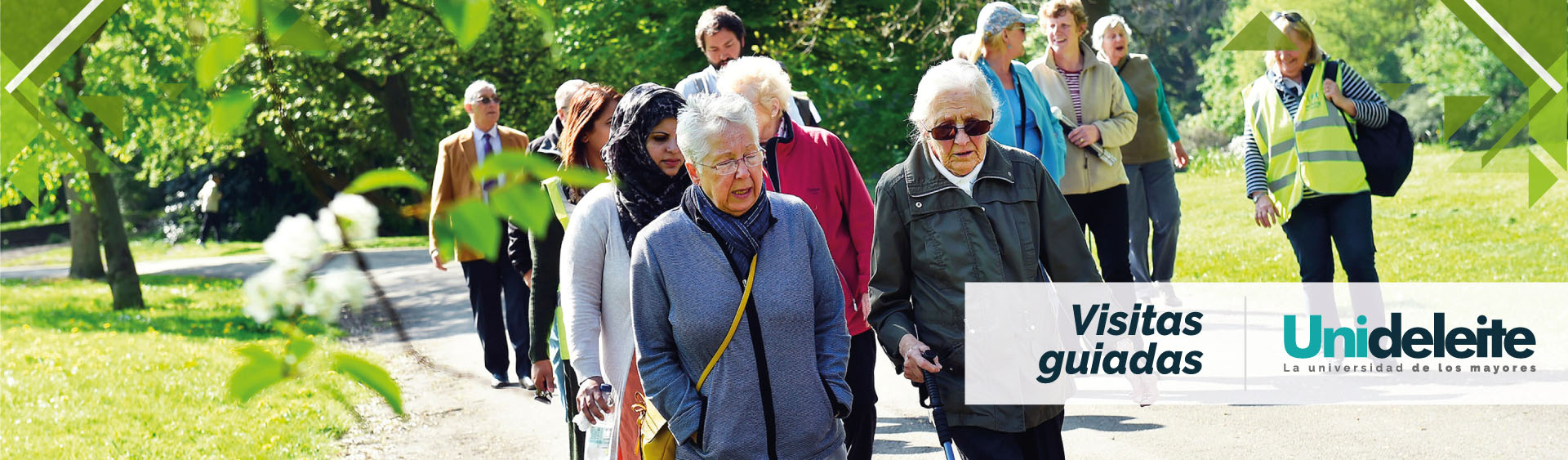 Fotografía de cabecera para la sección visitas guiadas de Unideleite la imagen es una plano medio de un grupo de adultos mayores caminando por un busque
